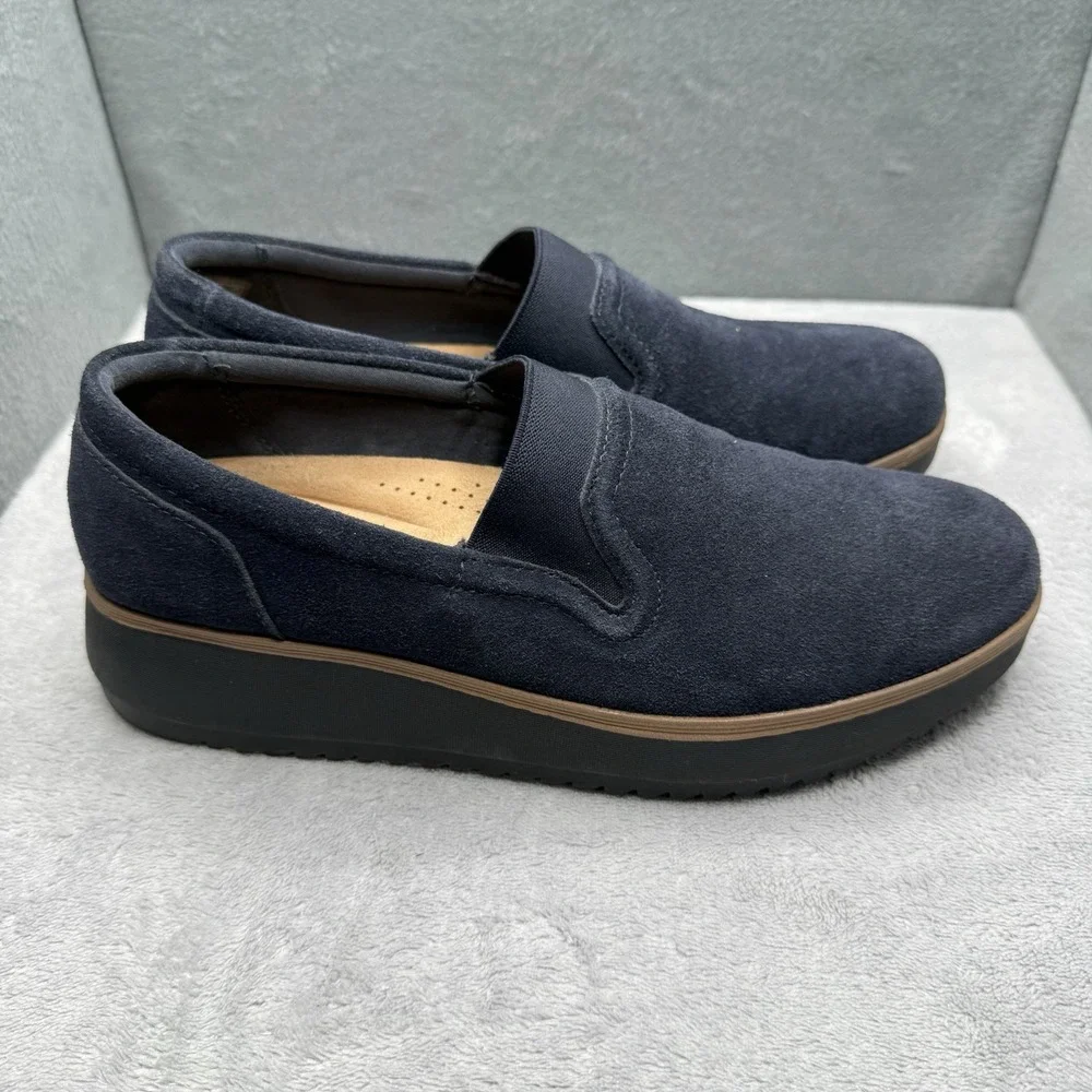 Clarks Sharon Dolly Women's 8.5 M Navy Suede Platform Slip On Walking Loafers